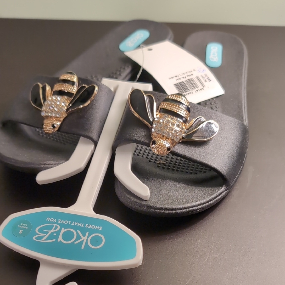OKA b. Black Sandals with Gold Bee Accent